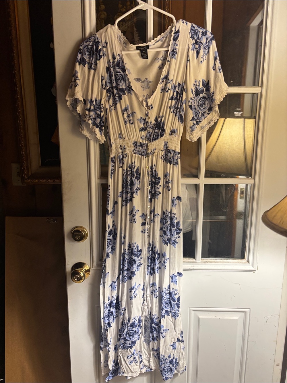 Rue21 Cream Maxi Dress with Blue Floral Pattern